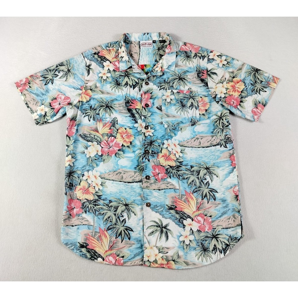 Ron Jon Surf Shop Shirt Mens Small Blue Hawaiian Floral Aloha Surf‎ Tropical